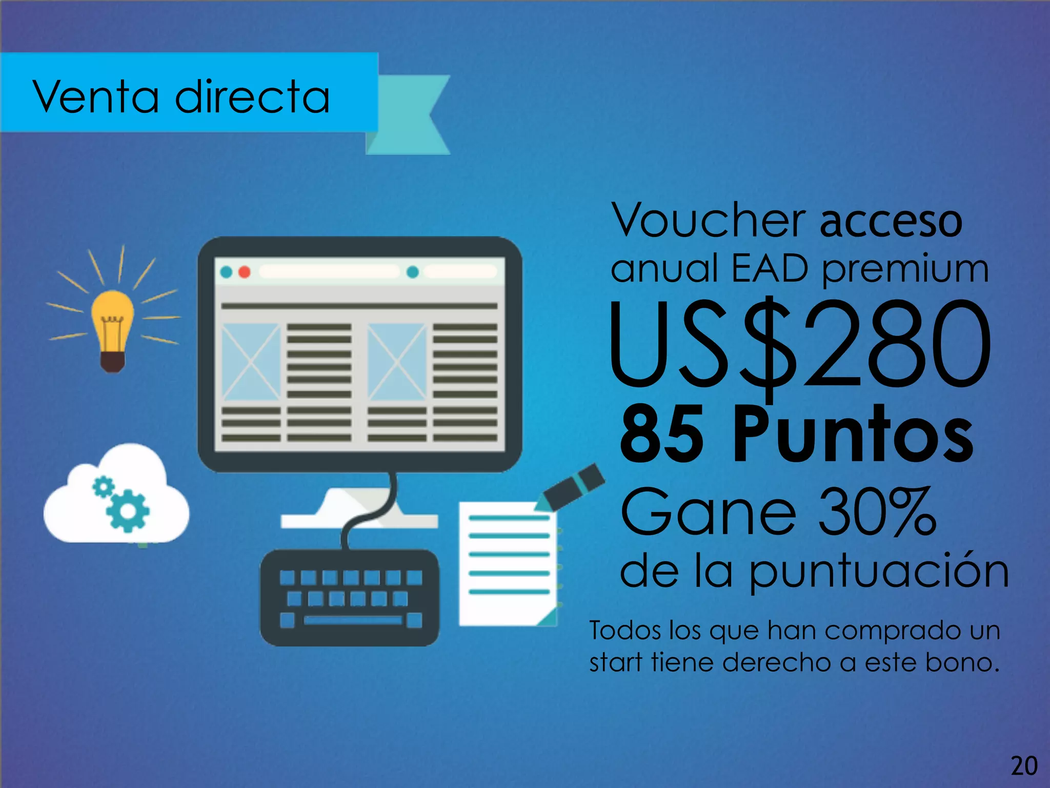 Venta directa
Voucher acceso
anual EAD premium
US$280
85 Puntos
Gane 30%
de la puntuación
Todos los que han comprado un
start tiene derecho a este bono.
20
 