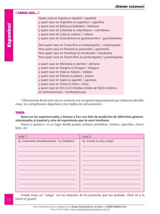 ¿Dónde estamos?
10
Espanhol
¿ Sabías que...?
Quien nace en España es español / española
y quien nace en Argentina es argentino / argentina
y quien nace en Bolivia es boliviano / boliviana
y quien nace en Colombia es colombiano / colombiana
y quien nace en Cuba es cubano / cubana
y quien nace en Guantánamo es guantanamero / guantanamera
Pero quien nace en Costa Rica es costarriqueño / costarriqueña
Pero quien nace en Panamá es panameño / panameña
Pero quien nace en Honduras es hondureño / hondureña
Pero quien nace en Puerto Rico es portorriqueño / portorriqueña
y quien nace en Alemania es alemán / alemana
y quien nace en Hungria es húngaro / húngara
y quien nace en Italia es italiano / italiana
y quien nace en Polonia es polaco / polaca
y quien nace en Japón es japonés / japonesa
y quien nace en China es chino / china
y quien nace en (E.E.U.U.) Estados Unidos de Norte América
es norteamericano / norteamericana
*Últimamente Brasil está más en contacto con el español (especialmente por influencia del Mer-
cosur, las competiciones deportivas y los medios de comunicación)...
Tarea
Busca en los supermercados y kioscos y haz una lista de productos de diferentes géneros	
relacionados al español y otra de expresiones que te sean familiares:
Kiosco o quiosco= es un lugar donde puedes comprar periódicos, revistas, cigarrillos, choco-
lates, etc.
Lista 1 Lista 2
Ej. Caramelos ArcorAceitunas “La Violetera” Ej. ¡Hasta la vista, baby!
Puedes hacer un “colage” con las etiquetas de los productos que has probado. ¿Qué tal si lo
haces en grupo?
Esse material é parte integrante do Aulas Particulares on-line do IESDE BRASIL S/A,
mais informações www.aulasparticularesiesde.com.br
 