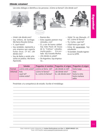 Espanhol
11
¿Dónde estamos?
Lee estos diálogos e identifica a las personas: ¿Cómo se llaman? ¿De dónde son?
–	 ¡Hola! ¿de dónde eres?
–	 Soy chileno, de Santiago.
Me llamo Ricardo Ochoa.
–	 Y, ¿qué haces?
–	 Soy vendedor, represento a
una empresa que exporta
frutas secas. ¿Y tú?, ¿de
dónde eres?
–	 Soy de Bahía y vendo arte-
sanías en piedras. Me llamo
Aparecida.	
–	 Buenos días.
–	 Estos zapatos parecen muy
cómodos, ¿no?
–	 Sí, y son de buena calidad.
Soy João Paulo de Souza
de la “Calmax” calzados,
mucho gusto.–	 Enc an-
tada. Soy Graciela Muñoz.
–	 ¿De dónde es usted?
–	 De Argentina. Soy empresa-
ria...	
–	 ¡Hola! Yo soy Manuela. ¿Y
tú?, ¿cómo te llamas?
–	 Yo, Carlos. ¿qué tal?
–	 ¿Qué haces por aquí?
–	 Estoy de vacaciones. Soy
estudiante.
–	 Yo también. Estudio ingenie-
ría en la UFPR.
Saludar Preguntar el nombre Preguntar el origen Preguntar el origen
Formal ¿cómo está usted? ¿cómo se llama Ud? ¿de dónde es Ud? hasta luego
Informal hola
¿qué tal?
¿cómo estás?
¿cómo te llamas?
tú, ¿cómo te llamas?
¿de dónde eres?
tú, ¿de dónde eres?
chao
hasta la vista
hasta mañana
adiós
Preséntate a tu compañero/a de estudio. Escribe el minidiálogo
Esse material é parte integrante do Aulas Particulares on-line do IESDE BRASIL S/A,
mais informações www.aulasparticularesiesde.com.br
 