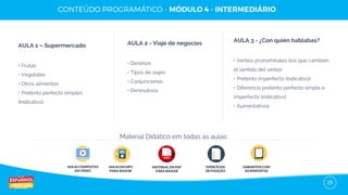 20
AULA 1 – Supermercado
• Frutas
• Vegetales
• Otros alimentos
• Pretérito perfecto simples
(Indicativo)
AULA 2 - Viaje de negocios
• Destinos
• Tipos de viajes
• Conjunciones
• Diminutivos
AULA 3 - ¿Con quién hablabas?
• Verbos pronominales (los que cambian
el sentido del verbo)
• Pretérito imperfecto (indicativo)
• Diferencia pretérito perfecto simple e
imperfecto (indicativo)
• Aumentativos
AULAS COMPLETAS
EM VÍDEO
AULAS EM MP3
PARA BAIXAR
EXERCÍCIOS
DE FIXAÇÃO
GABARITOS COM
AS RESPOSTAS
Material Didático em todas as aulas:
MATERIAL EM PDF
PARA BAIXAR
 