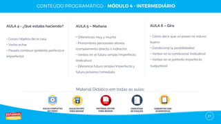 21
AULA 4 - ¿Qué estaba haciendo?
• Cosas/objetos de la casa
• Verbo echar
• Pasado continuo (pretérito perfecto e
imperfecto)
AULA 5 – Mañana
• Diferencias muy y mucho
• Pronombres personales átonos
(complemento directo o indirecto)
• Verbos en el futuro simple/imperfecto
(indicativo)
• Diferencia futuro simple/imperfecto y
futuro próximo/inmediato
AULA 6 – Gira
• Cómo decir que un paseo no estuvo
bueno
• Condicional (4 posibilidades)
• Verbos en la condicional (indicativo)
• Verbos en el pretérito imperfecto
(subjuntivo)
AULAS COMPLETAS
EM VÍDEO
AULAS EM MP3
PARA BAIXAR
EXERCÍCIOS
DE FIXAÇÃO
GABARITOS COM
AS RESPOSTAS
Material Didático em todas as aulas:
MATERIAL EM PDF
PARA BAIXAR
 