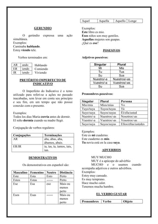 GERUNDIO
O gerúndio expressa uma ação
simultânea.
Exemplos:
Caminaba hablando.
Estoy viendo tele.
Verbos terminados em:
AR ando
ER iendo
IR iendo
PRETÉRITO IMPERFECTO DE
INDICATIVO
O Imperfeito do Indicativo é o temo
utilizado para referi-se a ações no passado
inacabadas, sem levar em conta seu princípio
e seu fim, em um tempo que não possui
conexão com o presente.
Exemplos:
Todos los dias Maria corría antes de dormir.
El niño dormía cuando su madre llegó.
Conjugação de verbos regulares:
Conjugações Terminações
AR aba, abas, aba,
ábamos, abais.
ER/IR ia, ías, ía, íamos, íais,
ían.
DEMOSTRATIVOS
Os demonstrativos em espanhol são:
Masculino Femenino Neutro Distância
Este Esta Esto Perto
Estos Estas ------ Perto
Ese Esa eso Mais ou
menos
perto
Esos Esas ------ Mais ou
menos
perto
Aquel Aquella Aquello Longe
Exemplos:
Este libro es mio.
Esos niños son muy gentiles.
Aquellas mujeres son guapas.
¿Qué es eso?
POSESIVOS
Adjetivos posesivos:
Singular Plural
Mi Mis
Tu Tus
Su Sus
Nuestro/-a Nuestros/-as
Vuestro/-a Vuestros/-as
Su Sus
Pronombres posesivos:
Singular Plural Persona
Mio/mía Míos/mías Yo
Tuyo/tuya Tuyos/tuyas Tú
Suyo/suya Suyos/suyas Él/ella/usted
Nuestro/-a Nuestros/-as Nosotros/-as
Vuestro/-a Vuestros/-as Vosotros/-as
Suyo/suya Suyos/suyas Ellos/ellas/ustedes
Ejemplos:
Este es mi cuaderno.
Este cuaderno es mío.
Tu novia está en la casa suya.
ADVERBIOS
MUY/MUCHO
MUY é a apócope do advérbio
MUCHO e o usamos cuando
acompaña adjetivos e outros advérbios.
Exemplos:
Estoy muy cansado.
Es muy temprano.
Hace mucho calor.
Tenemos mucha hambre.
EL VERBO GUSTAR
Pronombres Verbo Objeto
Hablando
Comiendo
Viviendo
 