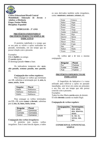 Centro Educacional Brasil Central
Modalidade: Educação de Jovens e
Adultos- a Distância
Etapa: Ensino Médio
Disciplina: Espanhol
MÓDULO III – 3° ANO
PRETÉRITO INDEFINIDO O
PRETÉRITO PERFECTO SIMPLE DE
INDICATIVO
O pretérito indefinido é o tempo que
se usa para se referir a ações realizadas no
passado, terminadas, em um tempo que no
possui relação com o presente.
Exemplos:
Ella le habló a su amigo.
Él corrió rápido.
El domingo pasado vimos a Juan.
Os indicadores temporais são: ayer,
año pasado, semana pasada, mes pasado,
etc.
Conjugação dos verbos regulares:
Para conjugar os verbos que terminam
em AR, substitua a terminação por: é, aste, ó,
amos, asteis, Aron
Singular Plural
Hablé Hablamos
Hablaste Hablasteis
Habló Hablaron
Para conjugar os verbos terminados
em ER e IR como comer e dormir, substitua
por: í, iste, ió, imos, isteis, ieron.
Singular Plural
Comi Comimos
Comiste Comisteis
Comió Comieron
Conjugação dos verbos irregulares:
O pretérito tem muitos verbos
irregulares. Esta é uma lista de alguns, e todos
os seus derivados também serão irregulares,
como: mantener, sostener, retener, etc.
Estar Estuve
Saber Supe
Poder Pude
Poner Puse
Traer Traje
Andar Anduve
Decir Dije
Querer Quise
Tener Tuve
Hacer Hice
Caber Cupe
Dar Dí
Haber Hube
Venir Vine
Os verbos ser e ir tem a mesma
conjugação:
Singular Plural
Fui Fuimos
Fuiste Fuiteis
Fue Fueron
PRETÉRITO IMPERFECTO DE
INDICATIVO
O Imperfeito do Indicativo é o temo
utilizado para referi-se a ações no passado
inacabadas, sem levar em conta seu princípio
e seu fim, em um tempo que não possui
conexão com o presente.
Exemplos:
Todos los dias Maria corría antes de dormir.
El niño dormía cuando su madre llegó.
Conjugação de verbos regulars:
Conjugações Terminações
AR aba, abas,
aba, ábamos,
abais.
ER/IR ia, ías, ía,
íamos, íais,
ían.
CONDICIONAL O POTENCIAL
SIMPLE
 