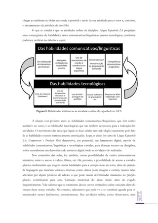 chegar ao ambiente no Solar para onde é possível o envio de sua atividade para o tutor e, com isso,
o encerramento da atividade de portfólio.
O que se conclui é que as atividades online da disciplina Língua Espanhola 2A propiciam
uma convergência de habilidades tanto comunicativas/linguísticas quanto tecnológicas, conforme
podemos verificar nas tabelas a seguir:

Das habilidades comunicativas/linguísticas
Uso adequado
de elementos
gramaticais

Adequada
utilização da
modalidade
escrita

Uso de
mecanismos de
coesão e
coerência em
língua
espanhola

Compreensão/

Competência
comunicativopragmática

Interpretação
da proposta de
atividade

Das habilidades tecnológicas
Usos da máquina
(hardware)

Uso de
ferramentas
síncronas e
assíncronas para
comunicação
(software)

Uso do AVA –
postagem de
portfólio

Uso de softwares
de gravação de
voz

Pesquisa na Web:
habilidades com
hiperlinks

Figura 1: Habilidades intrínsecas às atividades online de espanhol em AVA
A relação está presente entre as habilidades comunicativas/linguísticas, que têm cunho
avaliativo no curso, e as habilidades tecnológicas, que são também necessárias para a realização das
atividades. O movimento das setas que ligam as duas tabelas tem mão dupla exatamente pelo fato
de as habilidades estarem intrinsecamente entrelaçadas. Logo, o aluno do curso de Língua Espanhola
2A: Compreensão e Produção Oral desenvolve, em potencial, seu letramento digital, através de
habilidades comunicativas/linguísticas e tecnológicas variadas, para alcançar sucesso na disciplina,
todos naturalmente em decorrência do contexto digital onde as atividades são realizadas.
Nos conteúdos das aulas, há, também, outras possibilidades de cunho eminentemente
interativo, como o acesso a vídeos, filmes, etc. Há, portanto, a possibilidade de acesso a variados
gêneros multimodais que exigem outras habilidades para a compreensão do texto, além de práticas
de linguagem que mesclam semioses diversas, como vídeos (som, imagem e escrita), muitos deles
alterados por algum processo de edição, o que pode causar determinadas mudanças no próprio
gênero, contribuindo para uma formação intelectual do aluno muito além do exigido
linguisticamente. Vale salientar que o tratamento desses outros conteúdos online está para além do
escopo deste nosso trabalho. No entanto, salientamos que pode vir a se constituir agenda para os
interessados nesses fenômenos, posteriormente. Nas atividades online, como observamos, nem

 