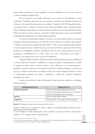 idioma, língua espanhola ou mesmo espanhol. Os alunos produziram um texto cujo tema era
“Aulas de espanhol na minha escola”.
Para dar suporte à nossa análise trabalhamos com a noção de “determinação”, em que
examinamos “sequências discursivas em cuja construção encontre-se um Sintagma Nominal cujo
substantivo foi saturado discursivamente por um adjetivo” (Indursky, 1997:178). Segundo Indursky,
a construção “Nome + Adjetivo” constitui um dos lugares privilegiados onde se articulam sentido,
sintaxe e ideologia, respondendo por vários processos semânticos que aí se instauram. Dessa forma,
fizemos um recorte em nosso corpus das construções nominais presentes no texto, as quais salientam
o imaginário das participantes com relação à língua espanhola.
O conceito de determinação explicita o valor que o uso de um adjetivo atribui ao nome que
acompanha, dessa forma, determinar um substantivo é fazer relação entre as palavras que compõem
o sintagma nominal e que, segundo Guimarães (2007), é onde o real é significado pela linguagem,
ou seja, as palavras não são escolhidas por acaso, elas têm uma história e um passado. Dessa forma,
focando-nos no imaginário, tentaremos materializar através do texto as determinações que usam os
participantes, possibilitando-nos, ao final, coletar um recorte representativo que saliente o
imaginário, suas relações com o real e suas possíveis influências.
Guimarães (2007) estabelece o Domínio Semântico de Determinação (doravante DSD) que
se refere à análise de uma palavra. O DSD deve ser capaz de explicar o funcionamento do sentido
da palavra no corpus entre as palavras, porém, o autor diferencia o uso de determinação e
predicação. O primeiro reporta-se a uma relação semântica dos sintagmas nominais, o segundo, por
sua vez, é a relação existente entre um sintagma verbal e um ou mais sintagmas nominais. A noção
de determinação, portanto, nos ajudará a identificar o sentido das expressões linguísticas
empregadas nos textos.
A partir dos substantivos usados relacionados à língua espanhola, separamos os sintagmas
nominais salientes:
SUBSTANTIVO (S)
Língua Espanhola

Idioma

ADJETIVO (A)
Parecida, Fácil, Legal, Diferente, Gostosa,
Fácil de pronunciar, Parecida com o português,
Não tão conhecida, Pouco comentada
Pouco Usado, Pouco Falado

Espanhol

Parecido com o Português, Fácil de entender

Quadro 1: Sintagmas nominais salientes apontados pelos sujeitos.

Podemos verificar que as construções “nome + adjetivo” se mostram bastante produtivas para a
determinação de língua espanhola:
I) Não me importa se é pouco comentada pelo mundo, o importante é que gostem de estudar e aprender mais o
Espanhol. (T 7)48 (Língua espanhola + pouco comentada)
48 Os números entre parênteses referem-se à identificação dada às participantes permitindo a não identificação das
mesmas na pesquisa. (T= Texto. 1,2,3 = Número da participante)

 