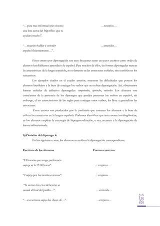 “…para mas informaciones tienemos

…tenemos…

una lista cerca del frigorífico que te
ayudará mucho”.
“…necesito hablar e entiender

…entender…

español fluientiemente…”.
Estos errores por diptongación son muy frecuentes tanto en textos escritos como orales de
alumnos lusohablantes aprendices de español. Para muchos de ellos, las formas diptongadas marcan
la características de la lengua española, no solamente en las estructuras verbales, sino también en los
sustantivos.
Los ejemplos citados en el cuadro anterior, muestran las dificultades que poseen los
alumnos brasileños a la hora de conjugar los verbos que no sufren diptongación. Así, observamos
formas verbales de infinitivo diptongadas: compriender, apriender, entiender. Los alumnos son
conscientes de la presencia de los diptongos que pueden presentar los verbos en español, sin
embargo, el no conocimiento de las reglas para conjugar estos verbos, les lleva a generalizar las
estructuras.
Estos errores son producidos por la confusión que cometen los alumnos a la hora de
utilizar las estructuras en la lengua española. Podemos identificar que son errores intralingüísticos,
ya los alumnos emplean la estrategia de hipergeneralización, o sea, recurren a la diptongación de
forma indiscriminada.
b) Omisión del diptongo ie
En los siguientes casos, los alumnos no realizan la diptongación correspondiente:
Escritura de los alumnos

Formas correctas

“El horario que tengo preferencia
empeza as la 17:00 horas”.

…empieza…

“Empezo por las tiendas cercanas”.

…empiezo…

“Si sientes frio, la calefacción se
encende al final del pasillo…”

…enciende…

“…esa semana empeça las clases de…”.

…empieza…

 
