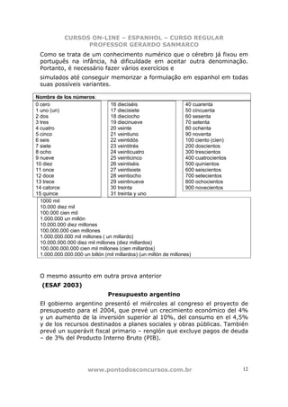 CURSOS ON-LINE – ESPANHOL – CURSO REGULAR
                  PROFESSOR GERARDO SANMARCO
 Como se trata de um conhecimento numérico que o cérebro já fixou em
 português na infância, há dificuldade em aceitar outra denominação.
 Portanto, é necessário fazer vários exercícios e
 simulados até conseguir memorizar a formulação em espanhol em todas
 suas possíveis variantes.

Nombre de los números:
0 cero                          16 dieciséis                       40 cuarenta
1 uno (un)                      17 diecisiete                      50 cincuenta
2 dos                           18 dieciocho                       60 sesenta
3 tres                          19 diecinueve                      70 setenta
4 cuatro                        20 veinte                          80 ochenta
5 cinco                         21 veintiuno                       90 noventa
6 seis                          22 veintidós                       100 ciento (cien)
7 siete                         23 veintitrés                      200 doscientos
8 ocho                          24 veinticuatro                    300 trescientos
9 nueve                         25 veinticinco                     400 cuatrocientos
10 diez                         26 veintiséis                      500 quinientos
11 once                         27 veintisiete                     600 seiscientos
12 doce                         28 veintiocho                      700 setecientos
13 trece                        29 veintinueve                     800 ochocientos
14 catorce                      30 treinta                         900 novecientos
15 quince                       31 treinta y uno
  1000 mil
  10.000 diez mil
  100.000 cien mil
  1.000.000 un millón
  10.000.000 diez millones
  100.000.000 cien millones
  1.000.000.000 mil millones ( un millardo)
  10.000.000.000 diez mil millones (diez millardos)
  100.000.000.000 cien mil millones (cien millardos)
  1.000.000.000.000 un billón (mil millardos) (un millón de millones)



 O mesmo assunto em outra prova anterior
  (ESAF 2003)
                               Presupuesto argentino
 El gobierno argentino presentó el miércoles al congreso el proyecto de
 presupuesto para el 2004, que prevé un crecimiento económico del 4%
 y un aumento de la inversión superior al 10%, del consumo en el 4,5%
 y de los recursos destinados a planes sociales y obras públicas. También
 prevé un superávit fiscal primario – renglón que excluye pagos de deuda
 – de 3% del Producto Interno Bruto (PIB).




                      www.pontodosconcursos.com.br                                     12
 