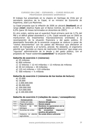 CURSOS ON-LINE – ESPANHOL – CURSO REGULAR
PROFESSOR GERARDO SANMARCO
www.pontodosconcursos.com.br 23
El trabajo fue presentado en la víspera en Santiago de Chile por el
secretario ejecutivo de la Cepal, el ex ministro de Economía de
Argentina, José Luis Machinea.
La Cepal proyecta que la inflación de 2006 se ubicará (localizará) en el
rango (nivel) objetivo fijado por el Banco Central, de entre un 4,5% y
6,5% (para 18 meses terminados en diciembre de 2007).
En otro orden, estima que el superávit fiscal primario será de 3,7% del
PBI y el déficit global ascenderá a 1,1%. Cepal recordó que en 2005 se
mantuvieron los lineamientos macroeconómicos orientados a la
recomposición de la situación financiera y del gasto público. El
desempeño favorable de la economía uruguaya se sostuvo a pesar de
“ciertos descontentos” con los países del Mercosur que afectaron al
sector de transporte y al turismo, precisó. No obstante, el organismo
advirtió que “persiste un marco de restricción financiera” que exige una
“rigurosa” administración de la deuda y del gasto público, con el
propósito de “hacer sostenible(sustentável)” la situación fiscal.
Gabarito do exercício 1 (números)
a) 25 millones
b) 800 millones
c) 12 billones = 12 mil millardos = 12 millones de millones
d) 30 mil millones = 30 millardos
e) 125 mil millones = 125 millardos
f) 500 millones = ½ millardo
Gabarito do exercício 2 (números de los textos de lectura)
a) 23.000
b) 18.000
c) 2.000.000.000
d) 90.000.000
e) 200.000.000
f) 614.000.000
g) 4.100.000.000
Gabarito do exercício 3 (relações de causa / conseqüência)
Consecuencia Causa
Texto 1 Cortes em rutas Demora del gobierno
Texto 1 Pago del gobierno Severa sequía
Texto 1 Reclamo de 300
labriegos
Nombres no aparecieron em la
ayuda del gobierno
Texto 1 Acciones de cortes No encuentran respuesta
positiva del gobierno
Texto 1 Gobierno no atiende
agricultores
No existe dinero suficiente
 