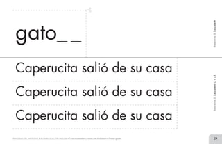 29MATERIAL DE APOYO A LA ALFABETIZACIÓN INICIAL • Tiras recortables y cartel con el alfabeto • Primer grado
BimestreII.Lección9
gato_ _
BimestreII.Lecciones12y13
Caperucita salió de su casa
Caperucita salió de su casa
Caperucita salió de su casa
2 TIRAS.indd 29 07/05/14 17:41
 