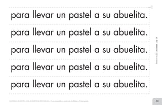 33MATERIAL DE APOYO A LA ALFABETIZACIÓN INICIAL • Tiras recortables y cartel con el alfabeto • Primer grado
para llevar un pastel a su abuelita.
para llevar un pastel a su abuelita.
BimestreII.Lecciones12y13
para llevar un pastel a su abuelita.
para llevar un pastel a su abuelita.
para llevar un pastel a su abuelita.
2 TIRAS.indd 33 07/05/14 17:41
 