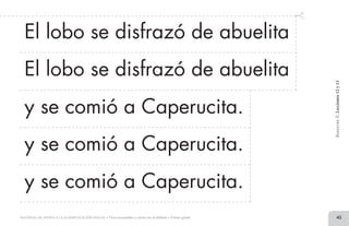 45MATERIAL DE APOYO A LA ALFABETIZACIÓN INICIAL • Tiras recortables y cartel con el alfabeto • Primer grado
y se comió a Caperucita.
y se comió a Caperucita.
BimestreII.Lecciones12y13
El lobo se disfrazó de abuelita
El lobo se disfrazó de abuelita
y se comió a Caperucita.
2 TIRAS.indd 45 07/05/14 17:41
 