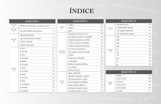 ÍNDICE
BIMESTRE I
Lección
6
María fue al mercado, ¿y qué me compró? 7
Lección
7
Una gran sandía, que le dije yo. 9
Lección
10
Adivina adivinanza, 11
¿qué tiene el rey en la panza? 13
Colorín, colorado, 15
chiquito, pero bravo. 17
Lección
15
La lora 21
en la vara, 21
la vara 21
en la estera, 21
la estera 23
en la cama, 23
la cama 23
en la pieza, 23
la pieza 25
en la casa, 25
la casa 25
en la esquina, 25
la esquina 27
en la plaza. 27
BIMESTRE II
Lección
9
castillo_ _ 27
conejo_ _ 27
gato_ _ 29
Lecciones
12 y 13
Caperucita salió de su casa 29
para llevar un pastel a su abuelita. 33
Caperucita se topó con el lobo. 35
El lobo se comió a la abuelita. 39
El lobo se disfrazó de abuelita 41
y se comió a Caperucita. 45
Un cazador le abrió la barriga 49
al lobo. 51
Caperucita, la abuelita 53
y el cazador 55
llenaron la barriga del lobo 57
con piedras. 61
El lobo se murió. 63
Lección
18
Lobo, ¿estás ahí? 65
Me estoy comiendo un taquito. 67
Me estoy quitando un piojo. 69
Estoy hablando por teléfono. 73
Estoy contando mentiras. 75
Me estoy rascando la oreja. 79
Me estoy sacando un moco. 83
BIMESTRE III
Lección
2
Este torito bronco 85
lo traigo desde Tenango 89
y lo vengo manteniendo 91
con cascaritas de mango. 95
Lección
10
tam 99
plén 99
das 99
gan 99
te 99
rue 99
rra 99
bor 99
te 99
gi 99
BIMESTRE IV
Lección
20
Quieto 101
no en la rama 103
en el aire 105
No en el aire 107
en el instante 109
el colibrí 111
1 Legales.indd 5 07/05/14 17:41
 