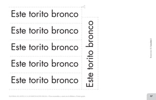 87MATERIAL DE APOYO A LA ALFABETIZACIÓN INICIAL • Tiras recortables y cartel con el alfabeto • Primer grado
Este torito bronco
Estetoritobronco
Este torito bronco
Este torito bronco
Este torito bronco
Este torito bronco
BimestreIII.Lección2
2 TIRAS.indd 87 07/05/14 17:41
 