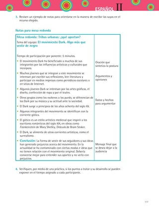 117
IIESPAÑOL
3.	 Revisen un ejemplo de notas para orientarse en la manera de escribir las suyas en el
recurso elegido.
Notas para mesa redonda
Mesa redonda: Tribus urbanas: ¿qué aportan?
Tema del equipo: El movimiento Dark. Algo más que
vestir de negro
Tiempo de participación por ponente: 5 minutos.
• El movimiento Dark ha beneficiado a muchos de sus
integrantes por las influencias artísticas y culturales que
incorpora.
• Muchos jóvenes que se integran a este movimiento se
interesan por escribir sus reflexiones, leer literatura y
participar en medios impresos como periódicos escolares o
en sitios de Internet.
• Algunos jóvenes Dark se interesan por las artes gráficas, el
diseño, confección de ropa y por el teatro.
• Otros grupos como los rockeros o los punks, se diferencian de
los Dark por su música y su actitud ante la sociedad.
• El Dark surge a principios de los años ochenta del siglo XX.
• Algunos integrantes del movimiento se identifican con la
corriente gótica.
• El gótico es un estilo artístico medieval que inspiró a los
escritores románticos del siglo XIX, en obras como
Frankenstein de Mary Shelley, Drácula de Bram Stoker.
• El Dark, se alimenta de otras corrientes artísticas, como el
surrealismo.
• Conclusión: La forma de vestir de sus seguidores y sus ideas
han generado prejuicios acerca del movimiento. En la
actualidad se ha contaminado con ciertas modas e ideas que
no tienen relación con el movimiento original. Debería
conocerse mejor para entender sus aportes y no verlo con
prejuicios.
Oración que
sintetiza la postura
Argumentos y
opiniones
Datos y hechos
para argumentar
Mensaje final que
se desea dejar a la
audiencia
4.	 Verifiquen, por medio de una práctica, si los puntos a tratar y su desarrollo se pueden
exponer en el tiempo asignado a cada participante.
ESPANOL II B2 S04.indd 117 6/11/07 8:52:54 PM
 