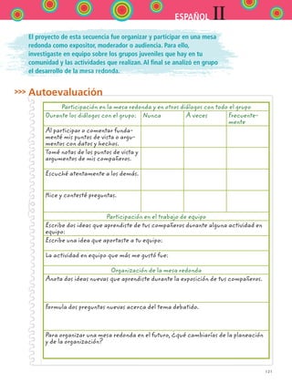 121
IIESPAÑOL
El proyecto de esta secuencia fue organizar y participar en una mesa
redonda como expositor, moderador o audiencia. Para ello,
investigaste en equipo sobre los grupos juveniles que hay en tu
comunidad y las actividades que realizan. Al final se analizó en grupo
el desarrollo de la mesa redonda.
Autoevaluación
Participación en la mesa redonda y en otros diálogos con todo el grupo
Durante los diálogos con el grupo: Nunca A veces Frecuente-
mente
Al participar o comentar funda-
menté mis puntos de vista o argu-
mentos con datos y hechos.
Tomé notas de los puntos de vista y
argumentos de mis compañeros.
Escuché atentamente a los demás.
Hice y contesté preguntas.
Participación en el trabajo de equipo
Escribe dos ideas que aprendiste de tus compañeros durante alguna actividad en
equipo:
Escribe una idea que aportaste a tu equipo:
La actividad en equipo que más me gustó fue:
Organización de la mesa redonda
Anota dos ideas nuevas que aprendiste durante la exposición de tus compañeros.
Formula dos preguntas nuevas acerca del tema debatido.
Para organizar una mesa redonda en el futuro, ¿qué cambiarías de la planeación
y de la organización?
ESPANOL II B2 S04.indd 121 6/11/07 8:53:11 PM
 