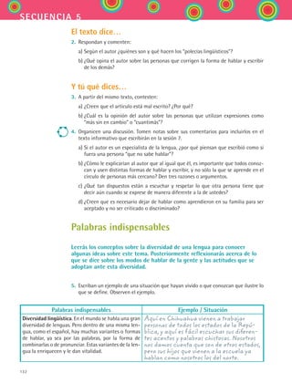 132
secuencia 5
El texto dice…
2.	 Respondan y comenten:
	 a)	Según el autor ¿quiénes son y qué hacen los “polecías lingüísticos”?
	 b)	¿Qué opina el autor sobre las personas que corrigen la forma de hablar y escribir
de los demás?
Y tú qué dices…
3.	 A partir del mismo texto, contesten:
	 a)	¿Creen que el artículo está mal escrito? ¿Por qué?
	 b)	¿Cuál es la opinión del autor sobre las personas que utilizan expresiones como
“más sin en cambio” o “cuantimás”?
4.	 Organicen una discusión. Tomen notas sobre sus comentarios para incluirlos en el
texto informativo que escribirán en la sesión 7.
	 a)	Si el autor es un especialista de la lengua, ¿por qué piensan que escribió como si
fuera una persona “que no sabe hablar”?
	 b)	¿Cómo le explicarían al autor que al igual que él, es importante que todos conoz-
can y usen distintas formas de hablar y escribir, y no sólo la que se aprende en el
círculo de personas más cercano? Den tres razones o argumentos.
	 c)	¿Qué tan dispuestos están a escuchar y respetar lo que otra persona tiene que
decir aún cuando se exprese de manera diferente a la de ustedes?
	 d)	¿Creen que es necesario dejar de hablar como aprendieron en su familia para ser
aceptado y no ser criticado o discriminado?
Palabras indispensables
Leerás los conceptos sobre la diversidad de una lengua para conocer
algunas ideas sobre este tema. Posteriormente reflexionarás acerca de lo
que se dice sobre los modos de hablar de la gente y las actitudes que se
adoptan ante esta diversidad.
5.	 Escriban un ejemplo de una situación que hayan vivido o que conozcan que ilustre lo
que se define. Observen el ejemplo.
Palabras indispensables Ejemplo / Situación
Diversidad lingüística. En el mundo se habla una gran
diversidad de lenguas. Pero dentro de una misma len-
gua, como el español, hay muchas variantes o formas
de hablar, ya sea por las palabras, por la forma de
combinarlas o de pronunciar. Estas variantes de la len-
gua la enriquecen y le dan vitalidad.
Aquí en Chihuahua vienen a trabajar
personas de todos los estados de la Repú-
blica, y aquí es fácil escuchar sus diferen-
tes acentos y palabras chistosas. Nosotros
nos damos cuenta que son de otros estados,
pero sus hijos que vienen a la escuela ya
hablan como nosotros los del norte.
ESPANOL II B2 S05.indd 132 6/12/07 3:47:31 PM
 