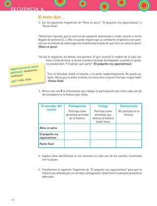 154
secuencia 6
El texto dice…
2.	 Lee los siguientes fragmentos de “Alma en pena”, “El pequeño rey zaparrastroso”, y
“Punto final”.
“Vestía luto riguroso, por lo cual era de suponerle seminarista o viudo, muerto o recién
llegado de provincia [...]. Mas no puede negarse que su semblante enigmático nos pare-
ció raro al extremo de sobrecogernos tremebunda la duda de que fuera un alma en pena”.
(Alma en pena)
“Un día le regalaron, los demás, una guitarra. El gurí acarició la madera de la caja, lus-
trosa y linda de tocar, y las seis cuerdas a lo largo del diapasón. La probó, la guita-
rra sonaba bien. Y él pensó: qué suerte”. (El pequeño rey zaparrastroso)
“Con la felicidad, olvidé el estuche, o lo perdí, inadvertidamente. No puedo sa-
berlo. Ahora que la dicha terminó, no encuentro el punto final por ningún lado”.
(Punto final)
3.	 Marca con una X la información que indique la participación que tiene cada uno de
los narradores en la historia que relata.
El narrador del
cuento
Protagonista
Participa como
personaje principal
de la historia.
Testigo
Participa como
personaje que
observa la historia
desde fuera.
Ominisciente
No participa en la
historia.
Alma en pena
El pequeño rey
zaparrastroso
Punto final
4.	 Explica cómo identificaste la voz narrativa en cada uno de los cuentos. Coméntalo
con tu grupo.
5.	 Transformen el siguiente fragmento de “El pequeño rey zaparrastroso” para que la
historia sea relatada por un narrador protagonista. Seleccionen la persona gramatical
adecuada.
zaparrastroso (o zarra-
pastroso): harapiento,
andrajoso
gurí: niño, chico.
ESPANOL II B2 S06.indd 154 6/11/07 9:10:28 PM
 
