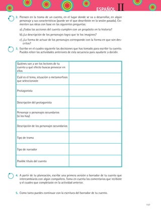 157
IIESPAÑOL
2.	 Piensen en la trama de un cuento, en el lugar donde se va a desarrollar, en algún
personaje y sus características (puede ser el que describiste en la sesión pasada). Co-
menten sus ideas con base en las siguientes preguntas:
	 a)	¿Todas las acciones del cuento cumplen con un propósito en la historia?
	 b)	¿La descripción de los personajes logra que te los imagines?
	 c)	¿La forma de actuar de los personajes corresponde con la forma en que son des-
critos?
3.	 Escribe en el cuadro siguiente las decisiones que has tomado para escribir tu cuento.
Puedes releer las actividades anteriores de esta secuencia para ayudarte a decidir.
Quiénes van a ser los lectores de tu
cuento y qué efecto buscas provocar en
ellos
Cuál es el tema, situación o metamorfosis
que seleccionaste
Protagonista
Descripción del protagonista
Personaje o personajes secundarios 	
(si los hay)
Descripción de los personajes secundarios
Tipo de trama
Tipo de narrador
Posible título del cuento
4.	 A partir de tu planeación, escribe una primera versión o borrador de tu cuento que
intercambiarás con algún compañero. Toma en cuenta los comentarios que recibiste
y el cuadro que completaste en la actividad anterior.
5.	 Como tarea puedes continuar con la escritura del borrador de tu cuento.
ESPANOL II B2 S06.indd 157 6/11/07 9:10:29 PM
 