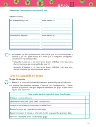 IIESPAÑOL
171
Secuencia 6 Cuentos breves latinoamericanos
Al escribir cuentos…
me desempeñé mejor en: puedo mejorar en:
se desempeñó mejor en: puede mejorar en:
4.	 Intercambien sus libros y comenten las coincidencias y los desacuerdos que hubo a
partir de lo que cada quien escribió de sí mismo y de su compañero o compañera.
Consideren los siguientes aspectos:
	 •	 Los puntos fuertes que yo creí haber tenido durante mi trabajo en las secuencias,
¿fueron los mismos que mi compañero(a) observó?
	 •	 Los puntos débiles que yo creí haber tenido durante mi trabajo en las secuencias,
¿fueron los mismos que mi compañero(a) observó?
Tarea III: Evaluación del grupo
Tiempo: 15 minutos
5.	 Soliciten a su maestro un balance del desempeño general del grupo y coméntenlo.
6. A partir de sus comentarios completen la siguiente tabla. Señalen con una las su-
gerencias que podrían hacer para mejorar el desempeño del grupo. Pueden incluir
algunas otras sugerencias.
Sugerencias para mejorar el desempeño del grupo
Trabajar con más empeño:
Dedicar más tiempo a las tareas dentro y fuera del aula.
Corregir los trabajos escritos cuantas veces sea necesario.
Estudiar los temas que requieran mayor atención.
Buscar información de calidad en suficientes fuentes para sustentar las propias ideas.
Participar activamente en las discusiones del grupo.
ESPANOL II B2 SEVA.indd 171 6/11/07 9:11:53 PM
 