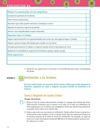 172
evaluacion b2
Mejorar la comunicación con los compañeros:
Escuchar las opiniones de los demás.
Hacer críticas constructivas
Reconocer que todos pueden contribuir al trabajo en común.
Aplaudir los méritos y logros de los demás.
Animar a los compañeros(as) a seguir mejorando.
Organizar mejor el trabajo:
Asignar equitativamente las responsabilidades para evitar que sólo algunos hagan el trabajo.
Apoyar a quienes tengan dificultades para cumplir con las tareas.
Entregar puntualmente el trabajo, en especial cuando afecta el desempeño de otros.
Replantear la modalidad de organización (individual, parejas, equipo, grupo).
Otras sugerencias:
7.	 Presenten sus sugerencias y encuentren las coincidencias para mejor el desempeño
del grupo.
Invitación a la lectura
En esta sesión harás un recuento de los textos y libros que leíste durante el
bimestre, asignarás un valor y elegirás uno para escribir tu invitación a la
lectura.
Tarea I: Registro de textos leídos
Tiempo: 20 minutos
1.	 Revisa la lista de textos leídos durante el bloque 2 y agrega otros títulos que hayas
leído durante el bimestre, por tu cuenta: en tu casa, en la calle, en la biblioteca; de
otras asignaturas; con tu familia, tus compañeros; textos que alguien haya leído para
ti; puedes incluir hasta cinco títulos más.
2.	 Valora cada texto con una escala de calificación. Puedes utilizar la que se presenta a
continuación como ejemplo o crear tu propia escala bajo los rubros que decidas, en
la columna derecha de la tabla de escala de calificación. Por ejemplo, en lugar de
tener en el rubro más bajo de evaluación ( ) ¡No en la telesecundaria!, podrías escri-
bir: ¡Nunca en la vida!
sesión 2
ESPANOL II B2 SEVA.indd 172 6/11/07 9:11:53 PM
 