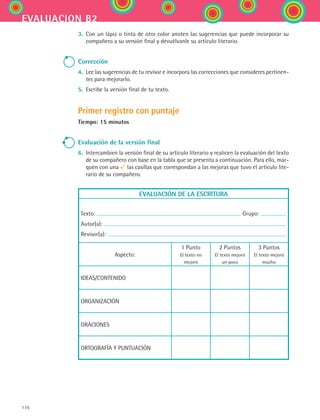176
evaluacion b2
3.	 Con un lápiz o tinta de otro color anoten las sugerencias que puede incorporar su
compañero a su versión final y devuélvanle su artículo literario.
Corrección
4.	 Lee las sugerencias de tu revisor e incorpora las correcciones que consideres pertinen-
tes para mejorarlo.
5.	 Escribe la versión final de tu texto.
Primer registro con puntaje
Tiempo: 15 minutos
Evaluación de la versión final
6.	 Intercambien la versión final de su artículo literario y realicen la evaluación del texto
de su compañero con base en la tabla que se presenta a continuación. Para ello, mar-
quen con una las casillas que correspondan a las mejoras que tuvo el artículo lite-
rario de su compañero.
EVALUACIÓN DE LA ESCRITURA
Texto: Grupo:
Autor(a):
Revisor(a):
Aspecto:
1 Punto	
El texto no
mejoró
2 Puntos	
El texto mejoró
un poco
3 Puntos	
El texto mejoró
mucho
IDEAS/CONTENIDO
ORGANIZACIÓN
ORACIONES
ORTOGRAFÍA Y PUNTUACIÓN
ESPANOL II B2 SEVA.indd 176 6/11/07 9:11:54 PM
 