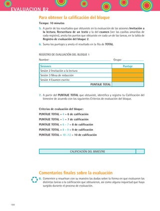 180
evaluacion b2
Para obtener la calificación del bloque
Tiempo: 10 minutos
5.	 A partir de los resultados que obtuviste en la evaluación de las sesiones Invitación a
la lectura, Reescritura de un texto y la del examen (ver las casillas amarillas de
cada registro), anota los puntos que obtuviste en cada un de las tareas, en la tabla de
Registro de evaluación del bloque 2.
6.	 Suma los puntajes y anota el resultado en la fila de TOTAL.
REGISTRO DE EVALUACIÓN DEL BLOQUE 1
Nombre:   Grupo:
Sesiones Puntaje
Sesión 2 Invitación a la lectura
Sesión 3 Mesa de redacción
Sesión 4 Examen escrito
PUNTAJE TOTAL
7.	 A partir del PUNTAJE TOTAL que obtuviste, identifica y registra tu Calificación del
bimestre de acuerdo con los siguientes Criterios de evaluación del bloque.
Criterios de evaluación del bloque:
PUNTAJE TOTAL = 4 = 6 de calificación
PUNTAJE TOTAL = 5 = 7 de calificación
PUNTAJE TOTAL = 6 – 7 = 8 de calificación
PUNTAJE TOTAL = 8 – 9 = 9 de calificación
PUNTAJE TOTAL = 10 –12 = 10 de calificación
CALIFICACIÓN DEL BIMESTRE
Comentarios finales sobre la evaluación
8.	 Comenten y resuelvan con su maestro las dudas sobre la forma en que evaluaron las
distintas tareas o la calificación que obtuvieron, así como alguna inquietud que haya
surgido durante el proceso de evaluación.
ESPANOL II B2 SEVA.indd 180 6/11/07 9:11:56 PM
 