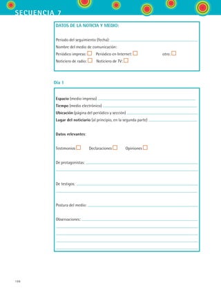 198
secuencia 7
DATOS DE LA NOTICIA Y MEDIO:
Periodo del seguimiento (fecha):
Nombre del medio de comunicación:
Periódico impreso:   Periódico en Internet:        otro:
Noticiero de radio:   Noticiero de TV:
Día 1
Espacio (medio impreso)
Tiempo (medio electrónico)
Ubicación (página del periódico y sección)
Lugar del noticiario (al principio, en la segunda parte)
Datos relevantes:
Testimonios    Declaraciones    Opiniones
De protagonistas:
De testigos:
Postura del medio:
Observaciones:
ESPANOL II B3 S07.indd 198 6/7/07 10:59:12 AM
 