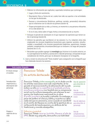 244
secuencia 9
Texto modelo: Biografía
	 •	 Ordenen la información por capítulos o apartados temáticos que contengan:
	 	 •	 Lugar y fecha de nacimiento.
	 	 •	 Descripción física y forma de ser; cuáles han sido sus aportes o las actividades
en las que ha destacado.
	 	 •	 Sucesos y circunstancias (históricas, políticas, sociales, personales) relevantes
que se relacionan con la vida de esa persona (sesión 4).
	 	 •	 Etapas principales de su vida y, al menos, un momento o una persona relevantes
en su vida (sesión 5).
	 	 •	 Si es el caso, datos sobre el lugar, fecha y circunstancias de su muerte.
	 •	 Incluyan el párrafo de conclusión en el que expresen las opiniones que tienen so-
bre el personaje (sesión 6).
	 •	 Utilicen los párrafos que escribieron en las sesiones 3 y 4 y redacten otros más
empleando los recursos lingüísticos (conectores para expresar sucesión, simulta-
neidad y causalidad) y los recursos gramaticales (adjetivos, aposiciones, tiempos
verbales, complementos circunstanciales) que se revisaron a la largo del proyecto
(sesiones de 3 a 7).
	 •	 Recuerden que pueden agregar la cronología que hicieron en la sesión anterior, en
la cual registraron los hechos y sucesos de la vida del personaje, incluyendo los que
consideraron de interés, pero que no desearon incorporar en la biografía.
3.	 Lean y revisen la estructura del “Texto modelo” para compararlo con la biografía que
han elaborado durante las sesiones.
Francisco Toledo
Un artista destacado
Francisco Toledo, pintor oaxaqueño, es sin duda uno de
los artistas mexicanos vivos más importantes. Se ha
ganado el reconocimiento y la admiración del mundo
entero no sólo por su maestría en el grabado, pintura,
escultura y cerámica, sino también por su compromiso
social con la cultura oaxaqueña y por plasmar la me-
moria y las tradiciones mexicanas en su obra.
El pintor juchiteco es huraño y retraído. Sin embargo, a
pesar de preferir el silencio, habla y muestra sus ideas
cada vez que es necesario, como cuando se manifestó
en el centro de Oaxaca en contra de la apertura de un
restaurante de hamburguesas y en defensa de las
tradiciones y comida oaxaqueñas.
Infancia y juventud
Francisco Toledo nace en Juchitán, Oaxaca, el año de
1940. Desde muy pequeño, demuestra una habilidad
El título incluye
el nombre
Introducción:
importancia y
descripción del
personaje
Etapas o
aspectos de su
vida
Uso de aposición
para describir al
personaje
Uso de
complemento
circunstancial de
causa
Uso de adjetivos
para describir al
personaje
Uso de
complementos
circunstanciales
ESPANOL II B3 S09.indd 244 6/11/07 9:13:15 PM
 