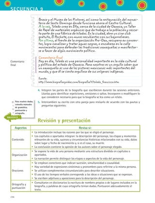 246
secuencia 9
Bravo y el Museo de los Pintores, así como la restauración del monas-
terio de Santo Domingo donde funciona ahora el Centro Cultural.
A la vez, Toledo crea en Etla, cerca de la ciudad de Oaxaca, un Taller
de Papel de materiales orgánicos que da trabajo a la población y resca-
ta parte de una fábrica de hilados. En la ciudad, abre un cine club
gratuito, El Pochote, con muros recubiertos con sus bajorrelieves.
Por ultimo, al frente de la organización Pro-Oax, recupera ex conven-
tos, logra canalizar y tratar aguas negras, o encabeza en la calle
movimientos para defender las tradiciones oaxaqueñas o manifestar-
se a favor de algún movimiento político.
Comentario final
Hoy en día, Toledo es una personalidad importante en la vida cultural
y política del estado de Oaxaca. Para nosotros es un orgullo saber que
un oaxaqueño es uno de los pintores mexicanos más importantes del
mundo, y que él se sienta orgulloso de sus orígenes indígenas.
Fuente:
http://www.biografiasyvidas.com/biografia/t/toledo_francisco.htm	
Comentario
final
4.	 Integren las partes de la biografía que escribieron durante las sesiones anteriores.
Léanlas para identificar repeticiones, omisiones o saltos. Incorporen o modifiquen lo
que consideren necesario para que la biografía se lea como un relato.
5.	 Intercambien su escrito con otra pareja para revisarlo de acuerdo con las pautas y
preguntas siguientes:
Revisión y presentación
Aspectos Revisa si:
Contenido
• La introducción incluye las razones por las que se eligió el personaje.
• Los capítulos o apartados integran: la descripción del personaje, las etapas y momentos
relevantes de su vida, sucesos y circunstancias históricas relacionados con su vida, datos
sobre lugar y fecha de nacimiento y, si es el caso, su muerte.
• La conclusión contiene la opinión de los autores sobre el personaje elegido.
Organización
• Se expone la vida de una persona mediante una estructura dividida en capítulos o
apartados.
• La narración permite distinguir las etapas o aspectos de la vida del personaje.
Oraciones
• Se emplean conectores que indican sucesión, simultaneidad o causalidad.
• Hay variedad de expresiones sinónimas y pronombres para referirse a la misma persona.
• Se utilizan complementos circunstanciales para describir situaciones.
• El uso de los tiempos verbales corresponde a las ideas o situaciones que se expresan.
• Se escriben adjetivos y aposiciones para la descripción del personaje.
Ortografía y
puntuación
• Consultaron en diccionarios la escritura de nombres propios o de lugares incluidos en la
biografía, y palabras de cuya ortografía tenían dudas. Puntuaron adecuadamente el
texto.
Para resolver dudas,
consulta manuales
de gramática,
puntuación y
ortografía.
BIBLIOTECA
ESPANOL II B3 S09.indd 246 6/11/07 9:13:16 PM
 