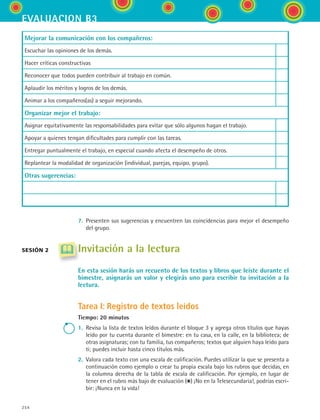 254
evaluacion b3
Mejorar la comunicación con los compañeros:
Escuchar las opiniones de los demás.
Hacer críticas constructivas
Reconocer que todos pueden contribuir al trabajo en común.
Aplaudir los méritos y logros de los demás.
Animar a los compañeros(as) a seguir mejorando.
Organizar mejor el trabajo:
Asignar equitativamente las responsabilidades para evitar que sólo algunos hagan el trabajo.
Apoyar a quienes tengan dificultades para cumplir con las tareas.
Entregar puntualmente el trabajo, en especial cuando afecta el desempeño de otros.
Replantear la modalidad de organización (individual, parejas, equipo, grupo).
Otras sugerencias:
7.	 Presenten sus sugerencias y encuentren las coincidencias para mejor el desempeño
del grupo.
Invitación a la lectura
En esta sesión harás un recuento de los textos y libros que leíste durante el
bimestre, asignarás un valor y elegirás uno para escribir tu invitación a la
lectura.
Tarea I: Registro de textos leídos
Tiempo: 20 minutos
1.	 Revisa la lista de textos leídos durante el bloque 3 y agrega otros títulos que hayas
leído por tu cuenta durante el bimestre: en tu casa, en la calle, en la biblioteca; de
otras asignaturas; con tu familia, tus compañeros; textos que alguien haya leído para
ti; puedes incluir hasta cinco títulos más.
2.	 Valora cada texto con una escala de calificación. Puedes utilizar la que se presenta a
continuación como ejemplo o crear tu propia escala bajo los rubros que decidas, en
la columna derecha de la tabla de escala de calificación. Por ejemplo, en lugar de
tener en el rubro más bajo de evaluación ( ) ¡No en la Telesecundaria!, podrías escri-
bir: ¡Nunca en la vida!
sesión 2
ESPANOL II B3 SEVA.indd 254 6/11/07 9:14:07 PM
 