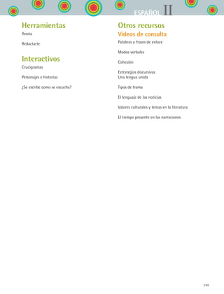 299
IIESPAÑOL
Herramientas
Anota
Redactarte
Interactivos
Crucigramas
Personajes e historias
¿Se escribe como se escucha?
Otros recursos
Videos de consulta
Palabras y frases de enlace
Modos verbales
Cohesión
Estrategias discursivas
Una lengua unida
Tipos de trama
El lenguaje de las noticias
Valores culturales y temas en la literatura
El tiempo presente en las narraciones
ESPANOL II B3 ZANEXOS.indd 299 6/12/07 3:52:53 PM
 