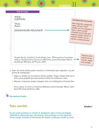 35
IIESPAÑOL
Ficha de trabajo
TEMA:
SUBTEMAS:
Título:
Autor:
INFORMACIÓN RELEVANTE
Fuente: Herrán, José de la; Tonda Mazón, Juan. “Astronomía en la antigüe-
dad”, en Fronteras de la astronomía. Biblioteca Juvenil Ilustrada. México:
Santillana/ SEP, Libros del Rincón , 2003.
5.	 Elijan tres textos donde puedan encontrar la información para responder a sus pre-
guntas de investigación.
	 •	 Hagan un listado con las primeras fuentes posibles. Tengan siempre listas sus fi-
chas, es muy probable que estas primeras fuentes los conduzcan a otras.
	 •	 Observen el siguiente ejemplo y busquen otros en la bibliografía al final del libro.
	 	 Fierro, Julieta. La Tierra y el Universo. Biblioteca Juvenil Ilustrada. México: Santi-
llana/ SEP, Libros del Rincón, 2002.
Herramienta Anota
Para escribir
En esta sesión escribirás un artículo de divulgación sobre el tema investigado,
utilizando la información que seleccionaste, para participar en una exposición
frente a grupo. Consulta la información del cuadro y úsala para escribir tu texto.
INFORMACIÓN RELEVANTE:
Aquí responde a preguntascomo: ¿De qué trata?
¿Cuáles son sus caracterís-ticas o cómo sucede?¿Cuándo ocurre? ¿Por quérazones sucede? ¿Quién lorealiza? ¿Cuáles son losefectos o consecuencias?
Anota la infor-
mación de tus
fuentes, según
este ejemplo.
Sesión 7
ESPANOL II B1 S01.indd 35 6/12/07 10:01:51 AM
 