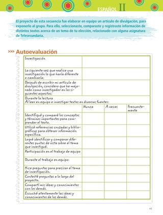 43
IIESPAÑOL
El proyecto de esta secuencia fue elaborar en equipo un artículo de divulgación, para
exponerlo al grupo. Para ello, seleccionaste, comparaste y registraste información de
distintos textos acerca de un tema de tu elección, relacionado con alguna asignatura
de Telesecundaria.
Autoevaluación
Investigación
La siguiente vez que realice una
investigación lo que haría diferente
o cambiaría:
Después de escribir mi artículo de
divulgación, considero que he mejo-
rado como investigador en los si-
guientes aspectos:
Durante la lectura
Al leer en equipo e investigar textos en diversas fuentes:
Nunca A veces Frecuente-
mente
Identifiqué y comparé los conceptos
y términos importantes para com-
prender el texto.
Utilicé referencias cruzadas y biblio-
gráficas para obtener información
específica.
Logré identificar y comparar dife-
rentes puntos de vista sobre el tema
que investigué.
Participación en el trabajo de equipo
Durante el trabajo en equipo:
Hice preguntas para precisar el tema
de investigación.
Contesté preguntas a lo largo del
proyecto.
Compartí mis ideas y conocimientos
con los demás.
Escuché atentamente las ideas y
conocimientos de los demás.
ESPANOL II B1 S01.indd 43 6/12/07 10:02:19 AM
 