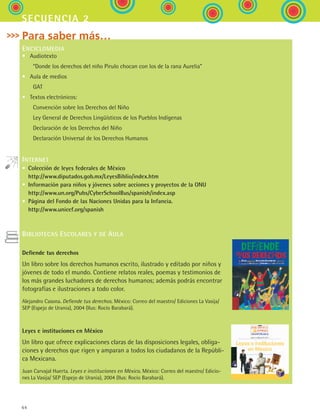 64
secuencia 2
Para saber más…
ENCICLOMEDIA
•	 Audiotexto
	   “Donde los derechos del niño Pirulo chocan con los de la rana Aurelia”
•	 Aula de medios
	   GAT
•	 Textos electrónicos:
	   Convención sobre los Derechos del Niño
	   Ley General de Derechos Lingüísticos de los Pueblos Indígenas
	   Declaración de los Derechos del Niño
	   Declaración Universal de los Derechos Humanos
INTERNET
• Colección de leyes federales de México
http://www.diputados.gob.mx/LeyesBiblio/index.htm
• Información para niños y jóvenes sobre acciones y proyectos de la ONU
http://www.un.org/Pubs/CyberSchoolBus/spanish/index.asp
• Página del Fondo de las Naciones Unidas para la Infancia.
http://www.unicef.org/spanish
BIBLIOTECAS ESCOLARES Y DE AULA
Defiende tus derechos
Un libro sobre los derechos humanos escrito, ilustrado y editado por niños y
jóvenes de todo el mundo. Contiene relatos reales, poemas y testimonios de
los más grandes luchadores de derechos humanos; además podrás encontrar
fotografías e ilustraciones a todo color.
Alejandro Casona. Defiende tus derechos. México: Correo del maestro/ Ediciones La Vasija/
SEP (Espejo de Urania), 2004 (Ilus: Rocío Barabará).
Leyes e instituciones en México
Un libro que ofrece explicaciones claras de las disposiciones legales, obliga-
ciones y derechos que rigen y amparan a todos los ciudadanos de la Repúbli-
ca Mexicana.
Juan Carvajal Huerta. Leyes e instituciones en México. México: Correo del maestro/ Edicio-
nes La Vasija/ SEP (Espejo de Urania), 2004 (Ilus: Rocío Barabará).
ESPANOL II B1 S02.indd 64 6/12/07 10:14:23 AM
 
