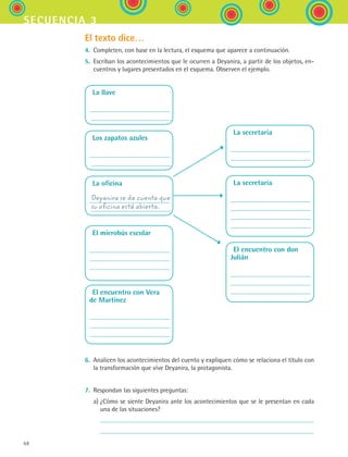 68
secuencia 3
El texto dice…
4.	 Completen, con base en la lectura, el esquema que aparece a continuación.
5.	 Escriban los acontecimientos que le ocurren a Deyanira, a partir de los objetos, en-
cuentros y lugares presentados en el esquema. Observen el ejemplo.
6.	 Analicen los acontecimientos del cuento y expliquen cómo se relaciona el título con
la transformación que vive Deyanira, la protagonista.
7.	 Respondan las siguientes preguntas:
	 a)	¿Cómo se siente Deyanira ante los acontecimientos que se le presentan en cada
una de las situaciones?
	 	
	 	
La llave
Los zapatos azules
La oficina
Deyanira se da cuenta que
su oficina está abierta.
El microbús escolar
La secretaria
El encuentro con Vera
de Martínez
La secretaria
El encuentro con don
­Julián
ESPANOL II B1 S03.indd 68 6/11/07 8:48:41 PM
 