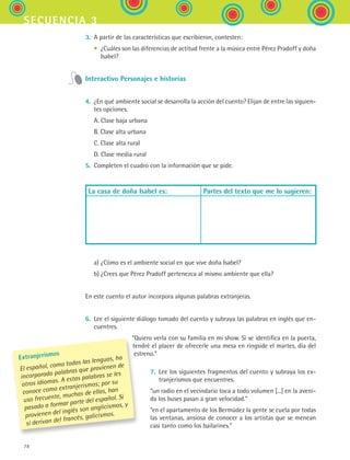 78
secuencia 3
Extranjerismos
El español, como todas las lenguas, ha
incorporado palabras que provienen de
otros idiomas. A estas palabras se les
conoce como extranjerismos; por su
uso frecuente, muchas de ellas, han
pasado a formar parte del español. Si
provienen del inglés son anglicismos, y
si derivan del francés, galicismos.
3.	 A partir de las características que escribieron, contesten:
	 •	 ¿Cuáles son las diferencias de actitud frente a la música entre Pérez Pradoff y doña
Isabel?
Interactivo Personajes e historias
4.	 ¿En qué ambiente social se desarrolla la acción del cuento? Elijan de entre las siguien-
tes opciones.
	 A. Clase baja urbana
	 B. Clase alta urbana
	 C. Clase alta rural
	 D. Clase media rural
5.	 Completen el cuadro con la información que se pide.
La casa de doña Isabel es: Partes del texto que me lo sugieren:
	 a)	¿Cómo es el ambiente social en que vive doña Isabel?
	 b)	¿Crees que Pérez Pradoff pertenezca al mismo ambiente que ella?
En este cuento el autor incorpora algunas palabras extranjeras.
6.	 Lee el siguiente diálogo tomado del cuento y subraya las palabras en inglés que en-
cuentres.
“Quiero verla con su familia en mi show. Si se identifica en la puerta,
tendré el placer de ofrecerle una mesa en ringside el martes, día del
estreno.”
7.	 Lee los siguientes fragmentos del cuento y subraya los ex-
tranjerismos que encuentres.
“un radio en el vecindario toca a todo volumen [...] en la aveni-
da los buses pasan a gran velocidad.”
“en el apartamento de los Bermúdez la gente se cuela por todas
las ventanas, ansiosa de conocer a los artistas que se menean
casi tanto como los bailarines.”
ESPANOL II B1 S03.indd 78 6/11/07 8:48:59 PM
 