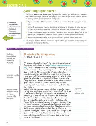 80
secuencia 3
Texto modelo: Comentario literario
¿Qué tengo que hacer?
1.	 Escribe un comentario literario de alguno de los cuentos que leíste en esta secuen-
cia o selecciona algún otro que te haya gustado y sobre el que desees escribir. Obser-
va las sugerencias que se presentan enseguida:
	 •	 Elige un cuento del libro y escribe su título, el nombre del autor y su país de ori-
gen.
	 •	 Escribe la sinopsis del cuento. Menciona la historia, la situación de vida que en-
frentan los personajes; describe el ambiente social en que se desarrolla el relato.
	 •	 Incluye comentarios sobre las formas en que el autor presenta y describe a los
personajes a partir de su forma de hablar, según su origen geográfico o social.
	 •	 Escribe un comentario final en el que expreses tu opinión acerca del cuento.
2.	 Lee el texto modelo. Analiza cómo está organizado y qué aspectos se eligieron para
escribir un comentario literario.
El miedo a los telegramas
Por Elizabeth de 2º B	
“El miedo a los telegramas”, del costarricense Samuel
Rovinsky, incluido en el libro Cuentos centroamerica-
nos, narra la experiencia de un niño y su familia a
partir de la llegada de un telegrama con la noticia de
que el padre está enfermo. La situación familiar y
económica se vuelve difícil: la madre es costurera y
tiene que trabajar mucho para mantener a la familia,
mientras el padre está hospitalizado en la montaña.
Después de un tiempo, el padre se cura, pero no consi-
gue un buen trabajo. Cuando por fin la situación
mejora, reciben un nuevo telegrama con otras noti-
cias tristes.
La historia transcurre en una ciudad pequeña y den-
tro de una familia de inmigrantes polacos. A partir de
la enfermedad del padre la situación económica
cambia, y la actitud de las personas del pueblo se
transforma. Esto muestra que en esta sociedad el
dinero importa mucho y la opinión que los demás
tienen de la familia se basa en esto, pues aunque sean
personas honradas y trabajadoras la gente los despre-
cia y son pocos quienes los ayudan. Por ejemplo, cuan-
do la mamá no tiene la costura de sus clientas a
tiempo, se enojan con ella y la tratan mal. Después de
que el padre vende su finca tiene que buscar trabajo
y cuando finalmente encuentra uno que le gusta, su
socio lo traiciona.
Título del
comentario y
nombre del
alumno(a)
(AUTOR)
Datos del cuento
(sinopsis)
Descripción del
ambiente social
en el que
transcurre la
narración
Argumento
referente al
ambiente social
Busquen en
diccionarios de
regionalismos e indi-
genismos las
palabras que
desconozcan y
escriban sus propias
definiciones.
BIBLIOTECA
ESPANOL II B1 S03.indd 80 6/11/07 8:49:00 PM
 