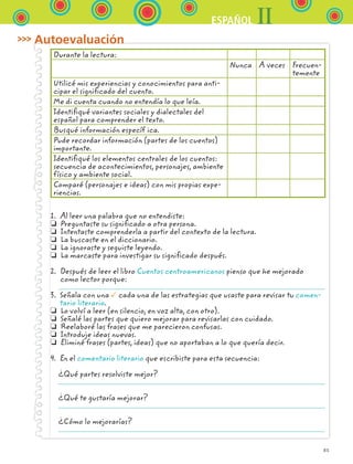 IIESPAÑOL
85
Autoevaluación
Durante la lectura:
Nunca A veces Frecuen-
temente
Utilicé mis experiencias y conocimientos para anti-
cipar el significado del cuento.
Me di cuenta cuando no entendía lo que leía.
Identifiqué variantes sociales y dialectales del
español para comprender el texto.
Busqué información específ ica.
Pude recordar información (partes de los cuentos)
importante.
Identifiqué los elementos centrales de los cuentos:
secuencia de acontecimientos, personajes, ambiente
físico y ambiente social.
Comparé (personajes e ideas) con mis propias expe-
riencias.
1.  Al leer una palabra que no entendiste:
❏ Preguntaste su significado a otra persona.
❏ Intentaste comprenderla a partir del contexto de la lectura.
❏ La buscaste en el diccionario.
❏ La ignoraste y seguiste leyendo.
❏ La marcaste para investigar su significado después.
2. Después de leer el libro Cuentos centroamericanos pienso que he mejorado
como lector porque:
 
3. Señala con una cada una de las estrategias que usaste para revisar tu comen-
tario literario.
❏ Lo volví a leer (en silencio, en voz alta, con otro).
❏ Señalé las partes que quiero mejorar para revisarlas con cuidado.
❏ Reelaboré las frases que me parecieron confusas.
❏ Introduje ideas nuevas.
❏ Eliminé frases (partes, ideas) que no aportaban a lo que quería decir.
4. En el comentario literario que escribiste para esta secuencia:
  ¿Qué partes resolviste mejor?
 
 
  ¿Qué te gustaría mejorar?
 
 
  ¿Cómo lo mejorarías?
 
ESPANOL II B1 S03.indd 85 6/11/07 8:49:15 PM
 
