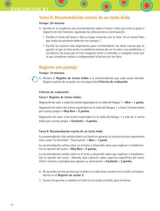 evaluacion b1
92
Tarea II: Recomendación escrita de un texto leído
Tiempo: 20 minutos
4.	 Escribe en tu cuaderno una recomendación sobre el texto o libro que más te gustó o
impactó en este bimestre, siguiendo las indicaciones a continuación.
	 •	 Escribe el título del texto o libro y luego continúa con la frase “es un texto/ libro
que todas las personas deberían leer porque...”.
	 •	 Escribe las razones más importantes para recomendarlo: las ideas nuevas que te
aportó, lo que te hizo sentir, si cambió la manera de ver tu vida o tus problemas, o
tus deseos; las cosas que te hizo imaginar, sentir o entender, o cualquier razón por
la que consideres valiosa o indispensable la lectura de ese libro.
Registro con puntaje
Tiempo: 10 minutos
5.	 Revisen el Registro de textos leídos y la recomendación que cada quien escribió.
Asignen puntos de acuerdo con los siguientes Criterios de evaluación.
Criterios de evaluación:
Tarea I  Registro de textos leídos:
Asignación de valor a todos los textos registrados en la tabla del bloque 1 = Bien = 1 punto.
Asignación de valor a los textos registrados en la tabla del bloque 1 y hasta 3 textos leídos
por cuenta propia = Muy Bien = 2 puntos.
Asignación de valor a los textos registrados en la tabla del bloque 1 y más de 3 textos
leídos por cuenta propia = Excelente = 3 puntos.
Tarea II  Recomendación escrita de un texto leído:
La recomendación sólo señala cómo es el texto en general; se caracteriza por expresiones
tales como “es divertido”, “muy bueno” = Bien = 1 punto.
La recomendación señala cómo es el texto y desarrolla ideas que explican o fundamen-
tan la opinión del autor = Muy Bien = 2 puntos.
La recomendación señala cómo es el texto y desarrolla ideas que explican o fundamen-
tan la opinión del autor.  Además, éste comenta sobre aspectos específicos del texto,
ofrece razones y ejemplos que apoyan su apreciación = Excelente = 3 puntos.
6.	 De acuerdo con los puntos que resulten en cada tarea, anoten en la casilla correspon-
diente en el Registro de sesión 2.
7.	 Sumen los puntos y registren el total en la casilla amarilla, para terminar.
ESPANOL II B1 SEVA.indd 92 6/11/07 9:09:31 PM
 