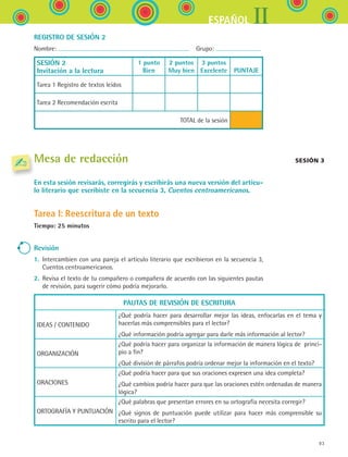 IIESPAÑOL
93
REGISTRO DE SESIÓN 2
Nombre:   Grupo:
SESIÓN 2
Invitación a la lectura
1 punto
Bien
2 puntos
Muy bien
3 puntos
Excelente
  
PUNTAJE
Tarea 1 Registro de textos leídos
Tarea 2 Recomendación escrita
TOTAL de la sesión
Mesa de redacción
En esta sesión revisarás, corregirás y escribirás una nueva versión del artícu-
lo literario que escribiste en la secuencia 3, Cuentos centroamericanos.
Tarea I: Reescritura de un texto
Tiempo: 25 minutos
Revisión
1.	 Intercambien con una pareja el artículo literario que escribieron en la secuencia 3,
Cuentos centroamericanos.
2.	 Revisa el texto de tu compañero o compañera de acuerdo con las siguientes pautas
de revisión, para sugerir cómo podría mejorarlo.
PAUTAS DE REVISIÓN DE ESCRITURA
IDEAS / CONTENIDO
¿Qué podría hacer para desarrollar mejor las ideas, enfocarlas en el tema y
hacerlas más comprensibles para el lector?
¿Qué información podría agregar para darle más información al lector?
ORGANIZACIÓN
¿Qué podría hacer para organizar la información de manera lógica de  princi-
pio a fin?
¿Qué división de párrafos podría ordenar mejor la información en el texto?
ORACIONES
¿Qué podría hacer para que sus oraciones expresen una idea completa?
¿Qué cambios podría hacer para que las oraciones estén ordenadas de manera
lógica?
ORTOGRAFÍA Y PUNTUACIÓN
¿Qué palabras que presentan errores en su ortografía necesita corregir?
¿Qué signos de puntuación puede utilizar para hacer más comprensible su
escrito para el lector?
Sesión 3
ESPANOL II B1 SEVA.indd 93 6/11/07 9:09:31 PM
 