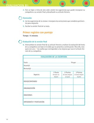 evaluacion b1
94
3.	 Con un lápiz o tinta de otro color anoten las sugerencias que puede incorporar su
compañero a su versión final y devuélvanle su artículo literario.
Corrección
4.	 Lee las sugerencias de tu revisor e incorpora las correcciones que consideres pertinen-
tes para mejorarlo.
5.	 Escribe la versión final de tu texto.
Primer registro con puntaje
Tiempo: 15 minutos
Evaluación de la versión final
6.	 Intercambien la versión final de su artículo literario y realicen la evaluación del texto
de su compañero con base en la tabla que se presenta a continuación. Para ello, mar-
quen con una las casillas que correspondan a las mejoras que tuvo el artículo lite-
rario de su compañero.
EVALUACIÓN DE LA ESCRITURA
Texto: Grupo:
Autor(a):
Revisor(a):
Aspecto:
1 Punto	
El texto no
mejoró
2 Puntos	
El texto mejoró
un poco
3 Puntos	
El texto mejoró
mucho
IDEAS/CONTENIDO
ORGANIZACIÓN
ORACIONES
ORTOGRAFÍA Y PUNTUACIÓN
ESPANOL II B1 SEVA.indd 94 6/11/07 9:09:31 PM
 