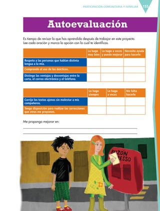 155
   Autoevaluación
Es tiempo de revisar lo que has aprendido después de trabajar en este proyecto.
Lee cada oración y marca la opción con la cual te identificas.
Me propongo mejorar en:


PARTICIPACIÓN COMUNITARIA Y FAMILIAR
Lo hago
muy bien
Lo hago a veces
y puedo mejorar
Necesito ayuda
para hacerlo
Respeto a las personas que hablan distinta
lengua a la mía.
Comprendo el uso de los deícticos.
Distingo las ventajas y desventajas entre la
carta, el correo electrónico y el teléfono.
Lo hago
siempre
Lo hago
a veces
Me falta
hacerlo
Corrijo los textos ajenos sin molestar a mis
compañeros.
Tengo disposición para realizar las correcciones
que otros me proponen.
ESPAÑOL-6.indb 155 22/11/11 10:22
 