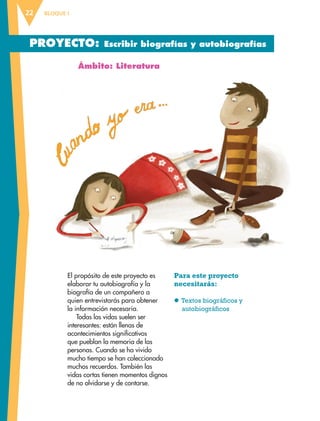 BLOQUE I22
El propósito de este proyecto es
elaborar tu autobiografía y la
biografía de un compañero a
quien entrevistarás para obtener
la información necesaria.
Todas las vidas suelen ser
interesantes: están llenas de
acontecimientos significativos
que pueblan la memoria de las
personas. Cuando se ha vivido
mucho tiempo se han coleccionado
muchos recuerdos. También las
vidas cortas tienen momentos dignos
de no olvidarse y de contarse.
Para este proyecto
necesitarás:
l Textos biográficos y
autobiográficos
Ámbito: Literatura
Proyecto: Escribir biografías y autobiografías
ESPAÑOL-6.indb 22 22/11/11 10:20
 