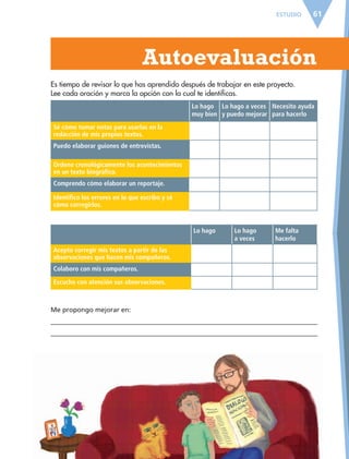 ESTUDIO 61
   Autoevaluación
Es tiempo de revisar lo que has aprendido después de trabajar en este proyecto.
Lee cada oración y marca la opción con la cual te identificas.
Me propongo mejorar en:


Lo hago
muy bien
Lo hago a veces
y puedo mejorar
Necesito ayuda
para hacerlo
Sé cómo tomar notas para usarlas en la
redacción de mis propios textos.
Puedo elaborar guiones de entrevistas.
Ordeno cronológicamente los acontecimientos
en un texto biográfico.
Comprendo cómo elaborar un reportaje.
Identifico los errores en lo que escribo y sé
cómo corregirlos.
Lo hago Lo hago
a veces
Me falta
hacerlo
Acepto corregir mis textos a partir de las
observaciones que hacen mis compañeros.
Colaboro con mis compañeros.
Escucho con atención sus observaciones.
ESPAÑOL-6.indb 61 22/11/11 10:21
 