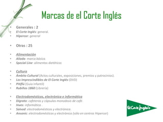 Marcas de el Corte Inglés Generales : 2 El Corte Inglés :  general . Hipercor :  general Otras : 25 Alimentación Aliada :  marca básica . Special Line :  alimentos dietéticos Cultura Ámbito Cultural  (Actos culturales, exposiciones, premios y patrocinios). Los Imprescindibles de El Corte Inglés  (DVD) Pitiflú  (Guía infantil) Rubiños 1860  (Librería) Electrodomésticos, electrónica e informática Digrato :  cafeteras y cápsulas monodosis de café . Inves :  informática  . Saivod :  electrodomésticos y electrónica . Ansonic :  electrodomésticos y electrónica (sólo en centros  Hipercor) 