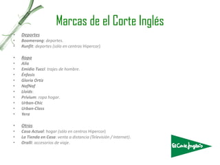 Marcas de el Corte Inglés Deportes Boomerang :  deportes . Runfit :  deportes (sólo en centros  Hipercor) Ropa Alía Emidio Tucci :  trajes de hombre . Énfasis Gloria Ortiz NafNaf Lloids : Privium :  ropa hogar . Urban-Chic Urban-Class Yera Otras Casa Actual :  hogar (sólo en centros  Hipercor) La Tienda en Casa :  venta a distancia (Televisión / Internet) . Oralli :  accesorios de viaje . 