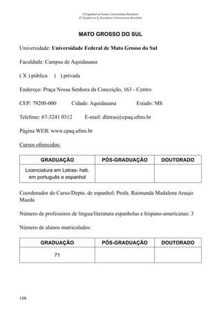 108
O Espanhol no Ensino Universitário Brasileiro
El Español en la Enseñanza Universitaria Brasileña
MATO GROSSO DO SUL
Universidade: Universidade Federal de Mato Grosso do Sul
Faculdade: Campus de Aquidauana
( X ) pública ( ) privada
Endereço: Praça Nossa Senhora da Conceição, 163 - Centro
CEP: 79200-000	 Cidade: Aquidauana	 Estado: MS
Telefone: 67-3241 0312 E-mail: dletras@cpaq.ufms.br
Página WEB: www.cpaq.ufms.br
Cursos oferecidos:
GRADUAÇÃO PÓS-GRADUAÇÃO DOUTORADO
Licenciatura em Letras- hab.
em português e espanhol
Coordenador do Curso/Depto. de espanhol: Profa. Raimunda Madalena Araujo
Maeda
Número de professores de língua/literatura espanholas e hispano-americanas: 3
Número de alunos matriculados:
GRADUAÇÃO PÓS-GRADUAÇÃO DOUTORADO
71
 