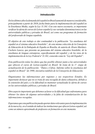 10
O Espanhol no Ensino Universitário Brasileiro
El Español en la Enseñanza Universitaria Brasileña
Introducción
EnlosúltimosañoslademandadelespañolenBrasilaumentódemaneraconsiderable,
principalmente a partir de 2010, fecha límite para la implementación del español en
la Enseñanza Media, según la Ley 11.161. Con este nuevo escenario, es importante
verificar la oferta de cursos de Letras-español (y sus variadas denominaciones) en las
universidades públicas y privadas de Brasil, así como sus programas de formación
del profesorado de lengua española.
El objetivo de este trabajo es dar continuidad a la publicación “La enseñanza del
español en el sistema educativo brasileño”, de esta misma colección de la Consejería
de Educación de la Embajada de España en Brasilia, de autoría de Álvaro Martínez-
Cachero Laseca, que presenta un panorama del sistema educativo brasileño; de la
enseñanza de lenguas extranjeras, específicamente del español; y de los retos de la
implementación de la Ley Federal nº 11.161, conocida como la “Ley del Español”.
Esta publicación reúne los datos que fue posible obtener junto a las universidades
que ofrecen el curso de Letras-español en Brasil. Se trata de la 1ª. etapa de
actualización de la publicación: “Datos y Cifras. Informe sobre la enseñanza del
español en Brasil” de 1998, iniciativa también de la Consejería de Educación.
Organizamos las informaciones por regiones y sus respectivos Estados. Es
importante destacar que no se trata de una recogida de datos exhaustiva, debido a
la extensión del país y a la dificultad en mantener actualizada la oferta de cursos
en las universidades públicas y privadas de Brasil.
Otro aspecto importante que debemos aclarar es la dificultad que enfrentamos para
obtener los datos de algunas universidades y la falta de estandarización de las
informaciones recogidas.
Esperamosqueestapublicaciónpuedaaportardatosrelevantesparalaimplementación
de la nueva ley, en el sentido de indicar las instituciones que ofrecen Letras-español, así
como un número aproximado de profesores en formación en este momento.
 