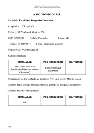 110
O Espanhol no Ensino Universitário Brasileiro
El Español en la Enseñanza Universitaria Brasileña
MATO GROSSO DO SUL
Faculdade: Faculdades Integradas Paranaíba
( ) pública ( X ) privada
Endereço: R. Maclino de Queiroz, 270
CEP: 79500-000	 Cidade: Paranaíba	 Estado: MS
Telefone: 67-3668 1945 E-mail: fipar@netsite.com.br
Página WEB: www.fipar.edu.br
Cursos oferecidos:
GRADUAÇÃO PÓS-GRADUAÇÃO DOUTORADO
Licenciatura em Letras
(habilitação língua espanhola
e literatura)
Ensino da língua
espanhola
Coordenador do Curso/Depto. de espanhol: Prof. Luiz Miguel Martins Garcia
Número de professores de língua/literatura espanholas e hispano-americanas: 4
Número de alunos matriculados:
GRADUAÇÃO PÓS-GRADUAÇÃO DOUTORADO
80
 