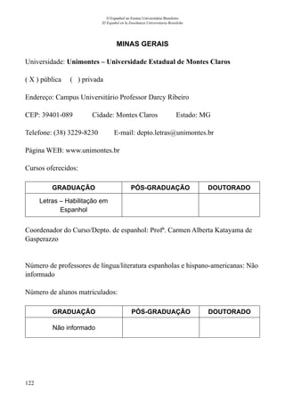 122
O Espanhol no Ensino Universitário Brasileiro
El Español en la Enseñanza Universitaria Brasileña
MINAS GERAIS
Universidade: Unimontes – Universidade Estadual de Montes Claros
( X ) pública ( ) privada
Endereço: Campus Universitário Professor Darcy Ribeiro
CEP: 39401-089	 Cidade: Montes Claros	 Estado: MG
Telefone: (38) 3229-8230 E-mail: depto.letras@unimontes.br
Página WEB: www.unimontes.br
Cursos oferecidos:
GRADUAÇÃO PÓS-GRADUAÇÃO DOUTORADO
Letras – Habilitação em
Espanhol
Coordenador do Curso/Depto. de espanhol: Profª. Carmen Alberta Katayama de
Gasperazzo
Número de professores de língua/literatura espanholas e hispano-americanas: Não
informado
Número de alunos matriculados:
GRADUAÇÃO PÓS-GRADUAÇÃO DOUTORADO
Não informado
 
